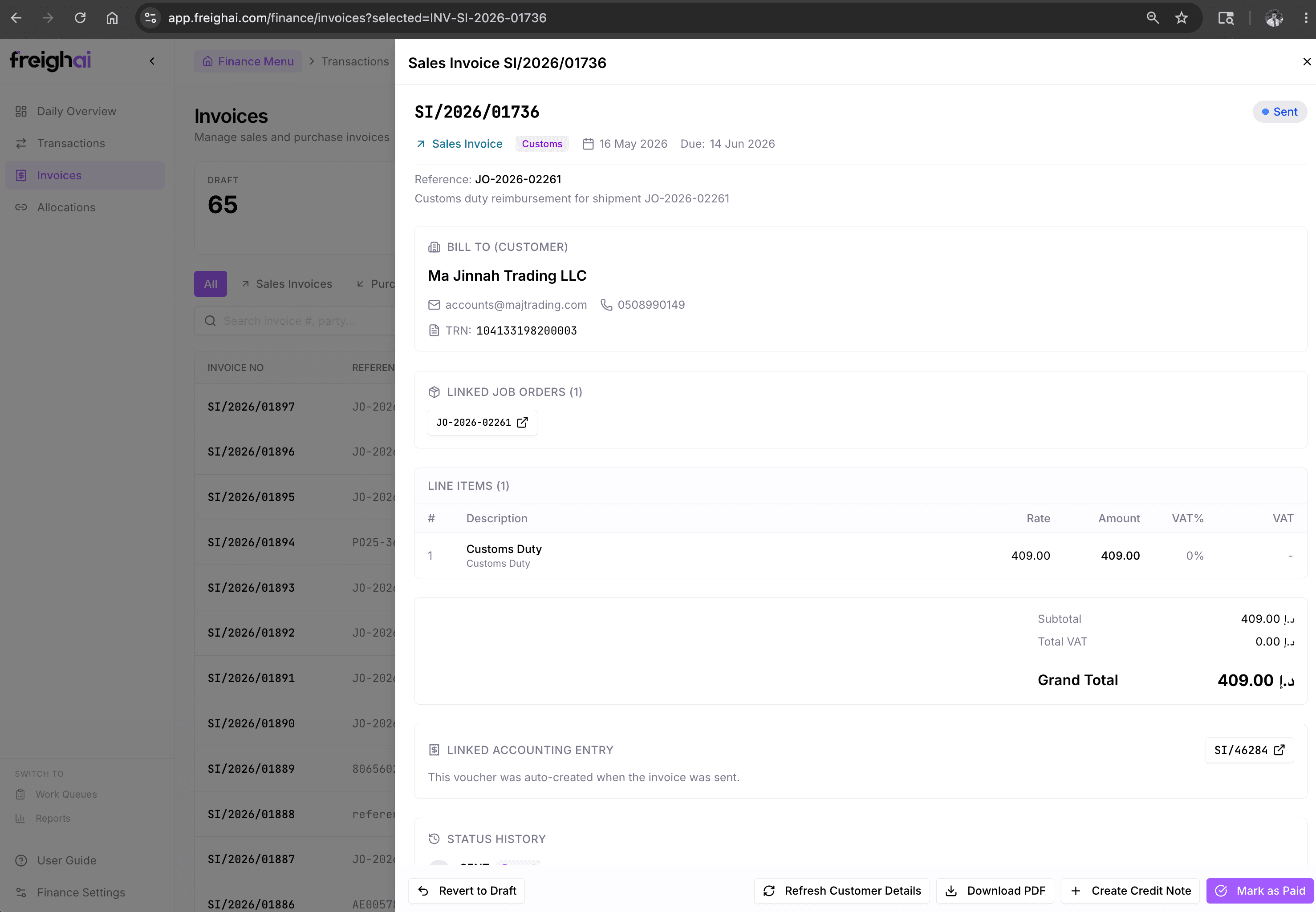 FreighAI Job Order Invoice detail — line-by-line match + variance