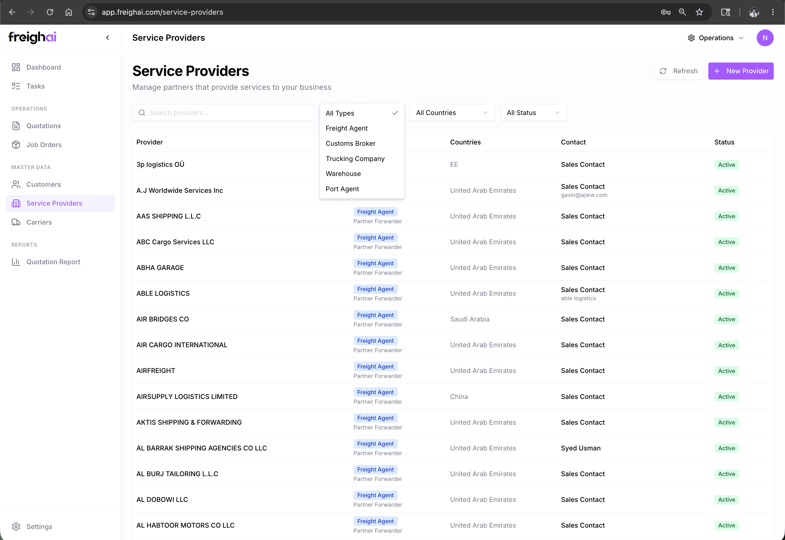 FreighAI Service Providers list