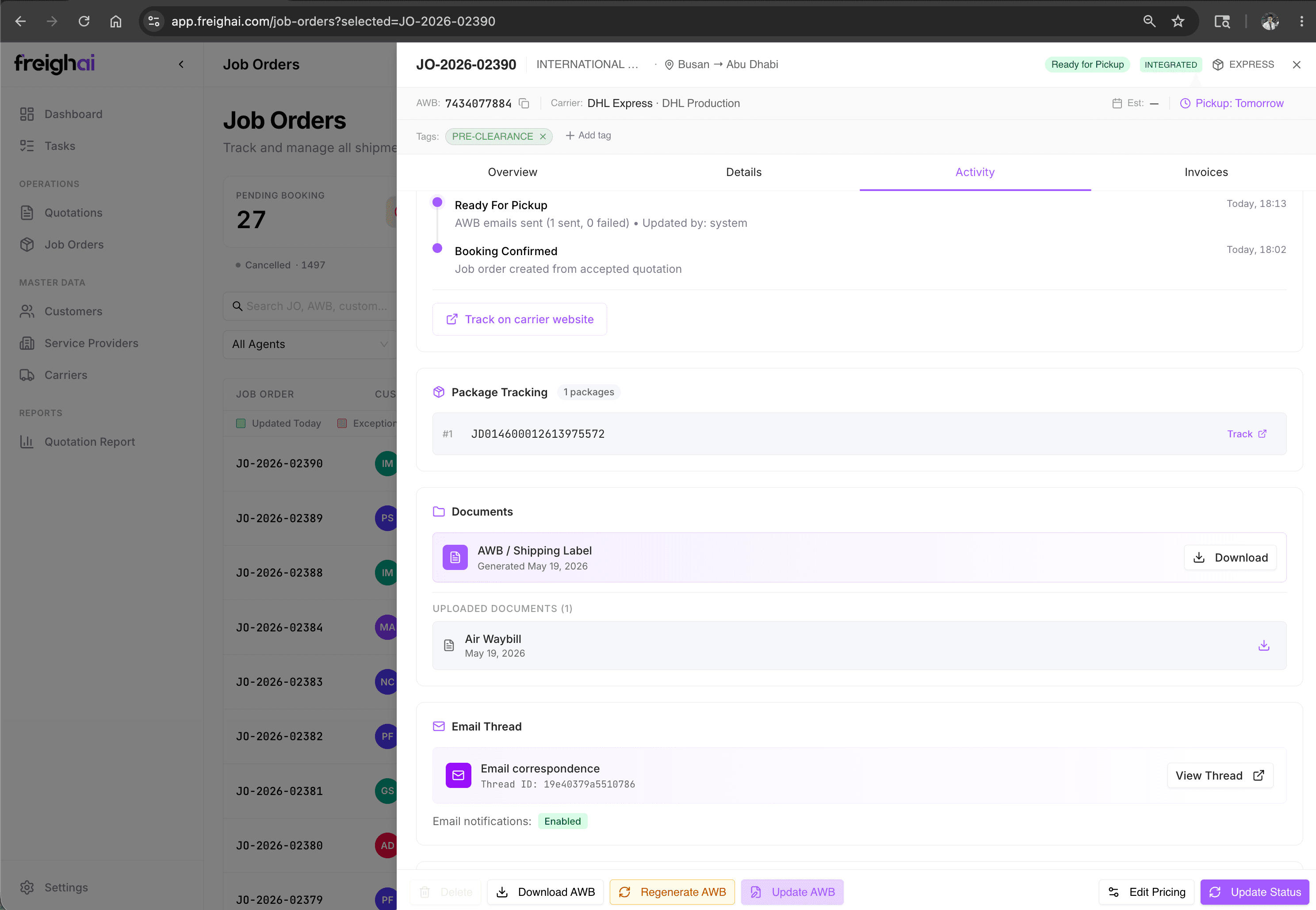 FreighAI Job Order — live tracking timeline with carrier API source per event