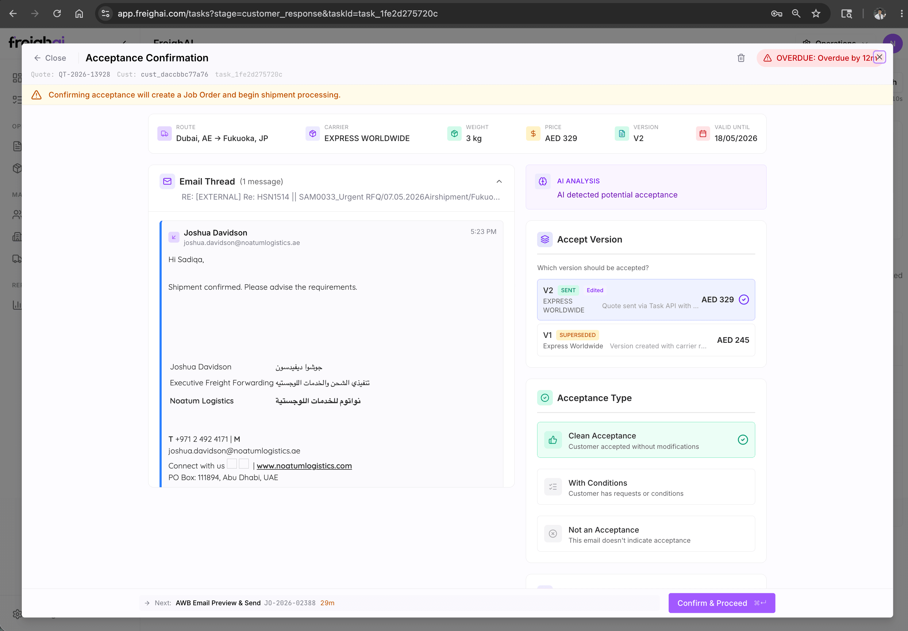 FreighAI Acceptance Confirmation — task detail with JO draft