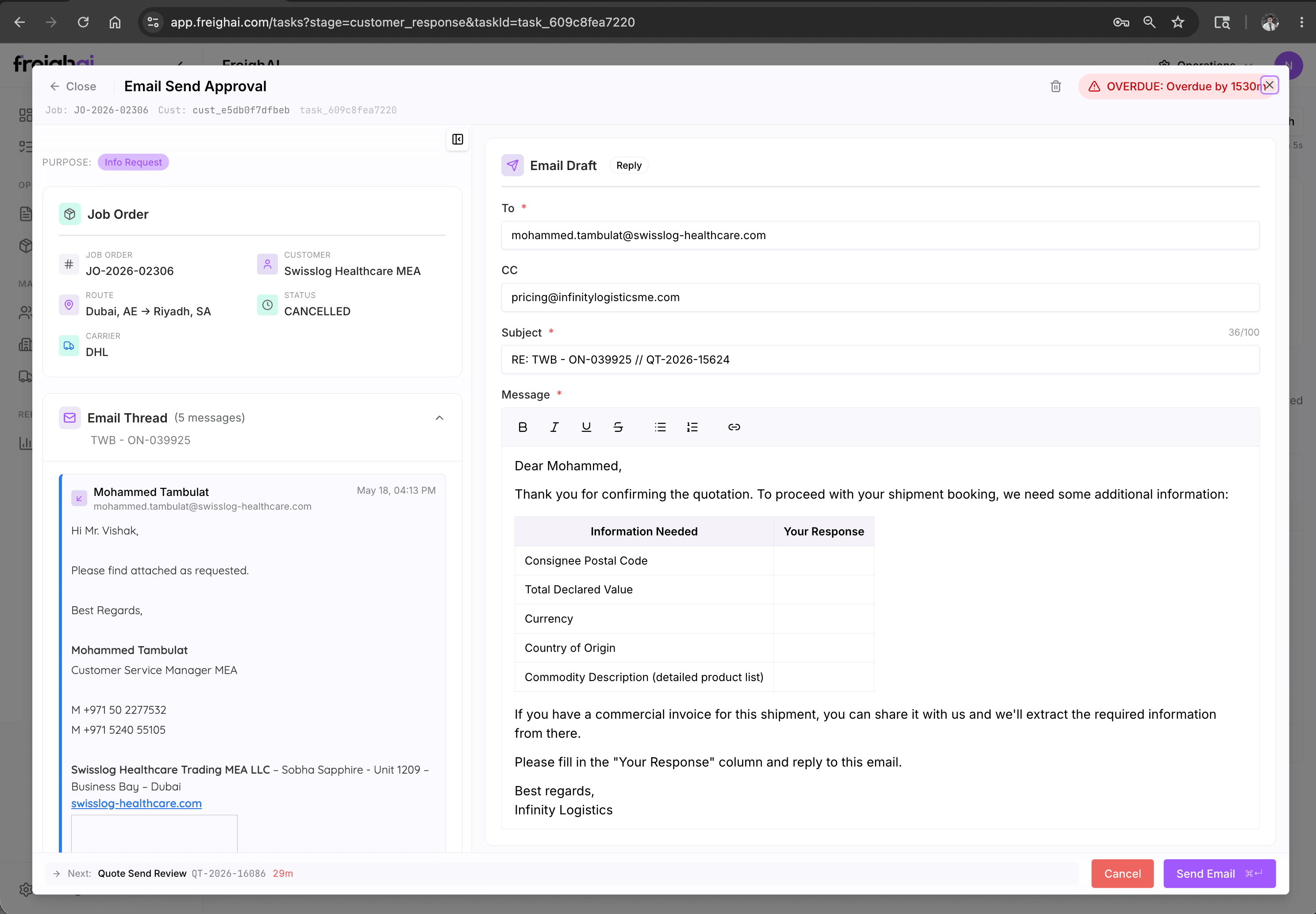 FreighAI Email Send Approval — pre-drafted AR follow-up task