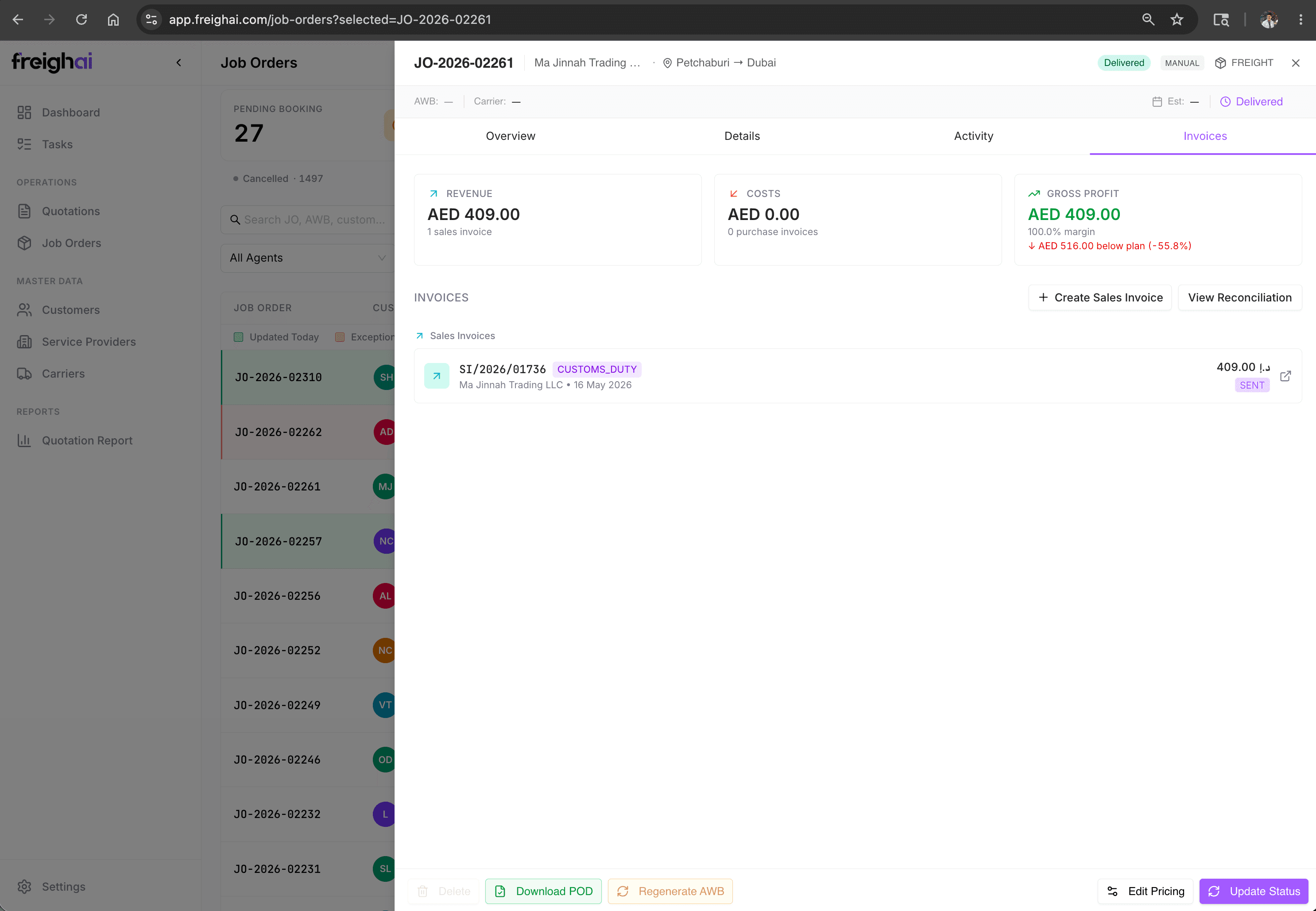 FreighAI Job Order — real-time margin variance flagging