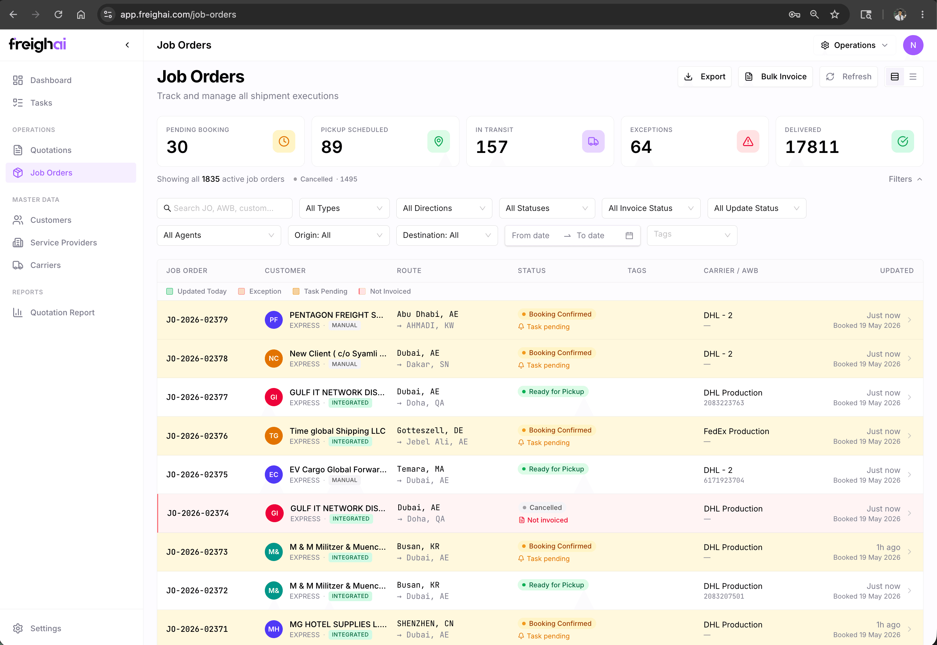 FreighAI Job Order pipeline — list view of all live JOs